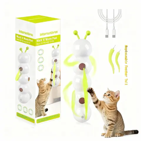 Interactive Cat Feather Toy Suction Cup Caterpillar Whack 'A' Prey with Automatic Fluffy Tail Teaser Motion Sensor USB Rechargeable，Perfect for Indoor Cats