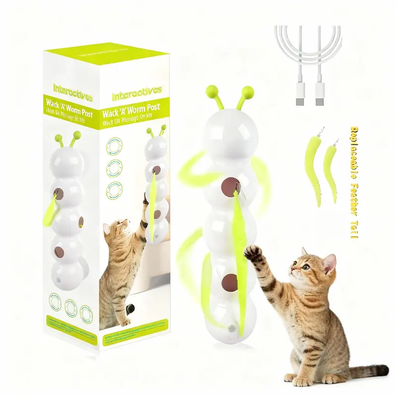 Interactive Cat Feather Toy Suction Cup Caterpillar Whack 'A' Prey with Automatic Fluffy Tail Teaser Motion Sensor USB Rechargeable,Perfect for Indoor Cats