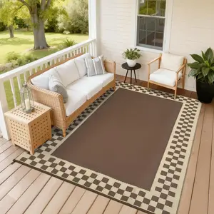 Brown 9x12 Outdoor Geometric Rug - Waterproof, Durable, Fade-Resistant, Stain-Resistant Modern Checkered Reversible Plastic Straw Mat for Patio, Deck, Travel Trailers