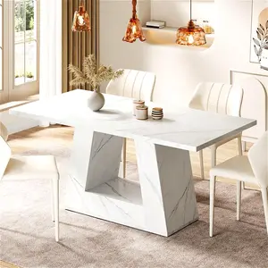 Modern Faux Marble Dining Table For 4 To 6 People, 63-Inch Rectangular Dining Room Table Dinner Table For Kitchen, Living Room