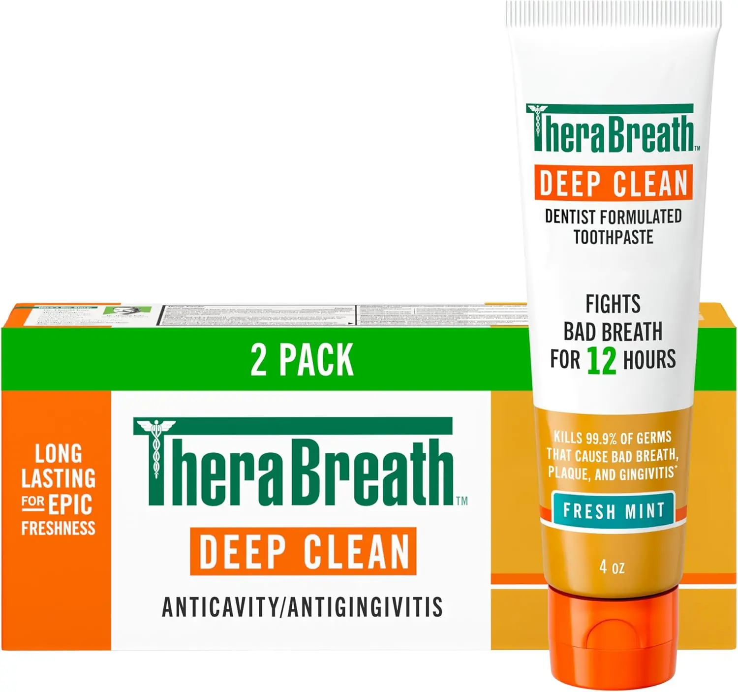 TheraBreath Deep Clean Toothpaste, Fresh Mint, 4 Oz, 2-Pack | Kills 99.9% of Germs That Cause Bad Breath, Gingivitis & Plaque Protection, Gentle Teeth Whitening
