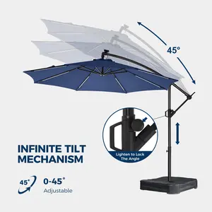 【UV-Resistant Fabric】10ft/9ft/7.5ft Solar LED Offset Hanging Outdoor Market Cantilever Patio Umbrella - w/Light and Base, LED Lighted Offset Hanging Patio Outdoor Market Umbrella UPF50+ UV Protection with Easy Tilt and Crank, Adjustable, Sunshade Canopy