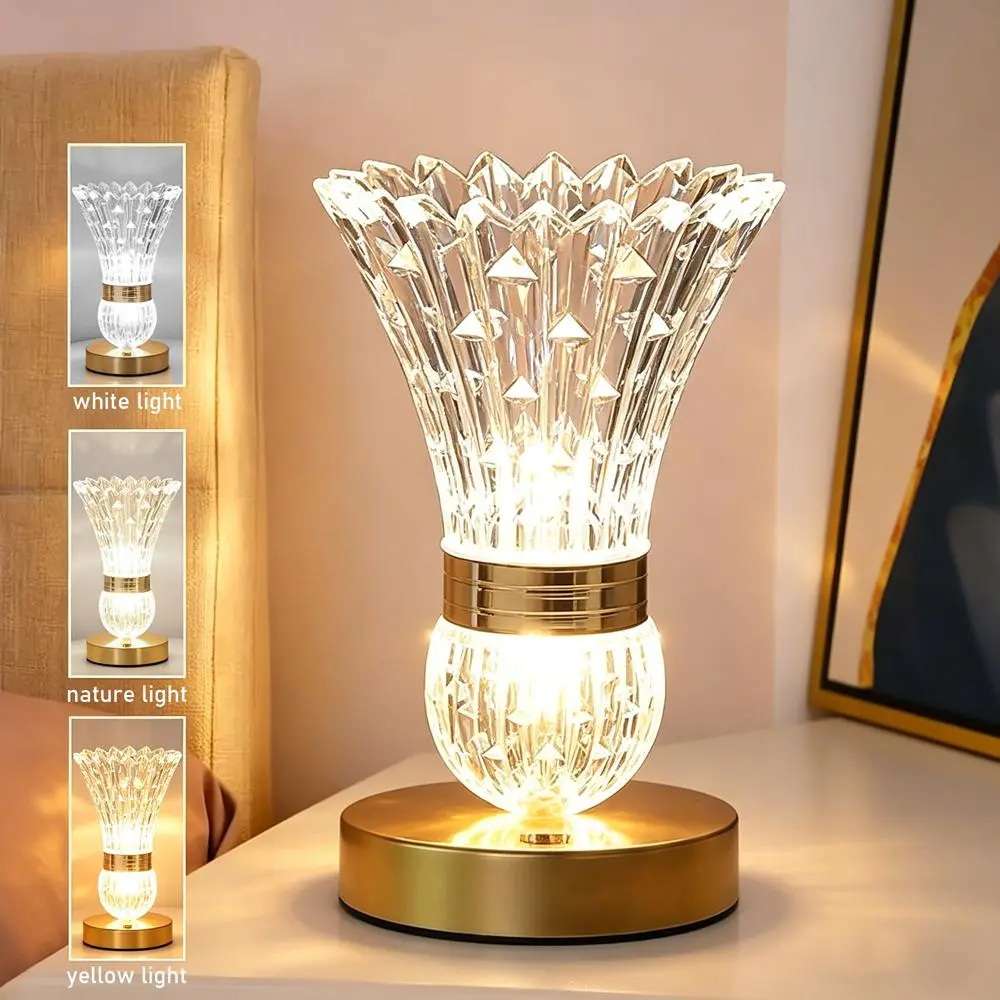 Crystal DesignTable Lamp, Tri Color nightlight,  Modern AdjustableDesk Lamp, Nighttime ambient lighting, HomeDecoration Lamp for Living Room, Restaurant, Bedroom,DecorativeLamp, Indoor Decorative Light Nightstand Led Rechargeable Wireless Lamp