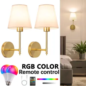 2-Piece Charging Fabric Dimmable Wall Lamp, Battery-Powered, 1200mAh RGB Bulbs with Remote Control Ideal For Bedrooms, Study Rooms, Living Room Feature Walls, Bars, Parties, Indoor Adjustable Ambient Lighting