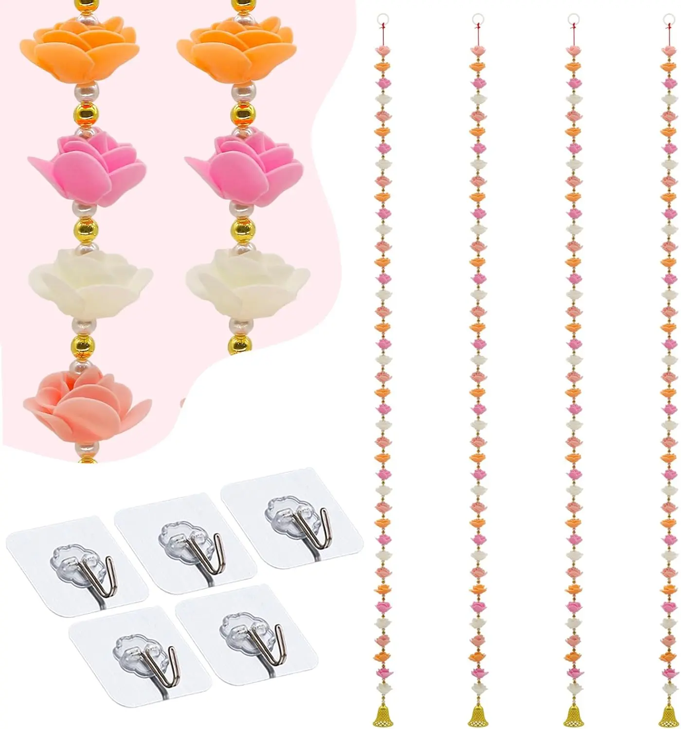Indian Wedding Rose Garland Decoration - 4 Pack 5ft Artificial Flower Garland with Gold & White Beads Hindu Garland for Wedding,Mandap Decor,Temple, Mandir,Diwali,Party Wall Door Hanging Decor