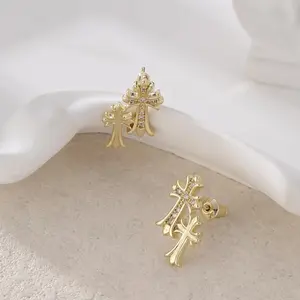two pairs Gold Double Cross Stud Earrings for Women and Men  Gold Plated Small Pave CZ Dangling Hypoallergenic Lightweight Accessory Religious Men's Cross Pendant   Earrings