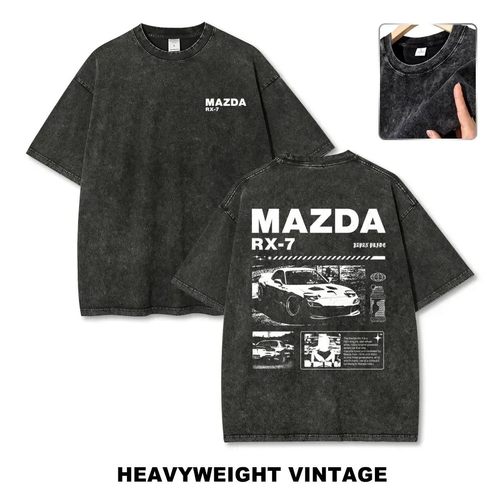 Men's Heavyweight Vintage Washed Cotton Short-Sleeve T-Shirt, JDM Mazda RX-7 Double-Sided Rotary Car Graphic, Loose Oversized Relaxed Fit, Unisex Streetwear Top Clothes for Racing Casual Wear, Shortsleeve, Soft, Double Print, 2Xl, 3Xl