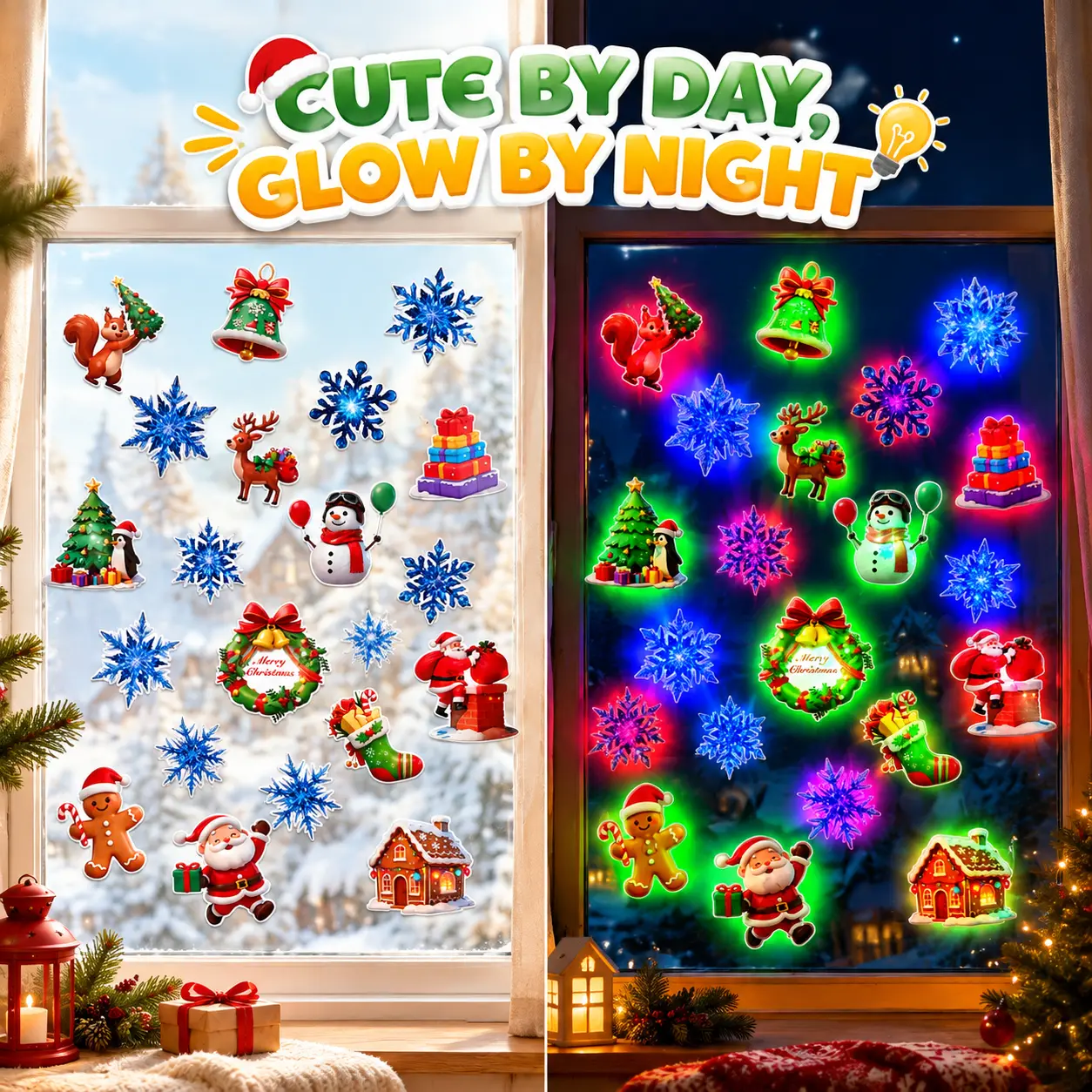 12Pcs Smooth LED Christmas Window Stickers - Colorful Self-Adhesive Glowing Wall Decals, Removable Santa Snowman Snowflake Ornaments for Home Xmas Holiday Decor, Ideal Gift for Indoor Recreation