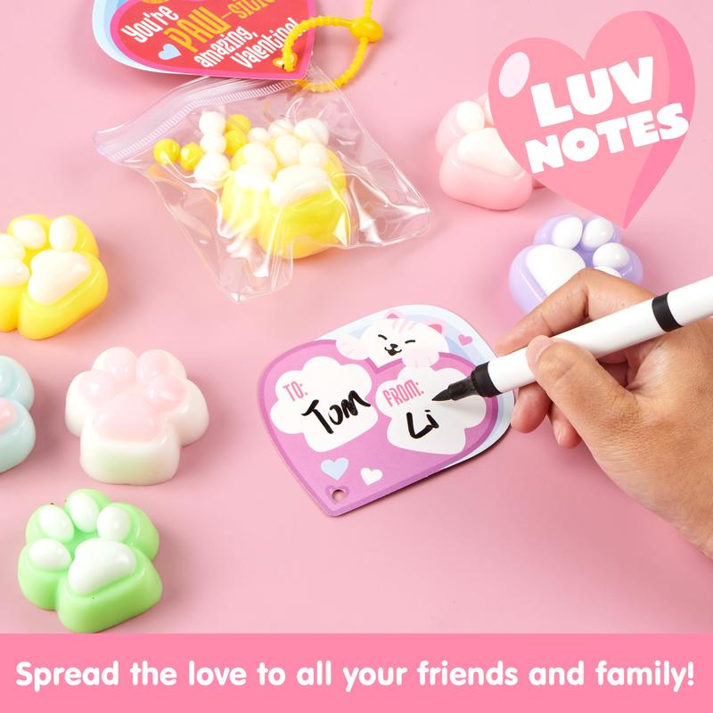 JOYIN Valentine's Day 2" Cat Paw Fidget Toys 24 PCS with Cards Mochi Toys for School Classroom Exchange Gifts Party Favors Stress Balls Keychain for Kids Boys Girls
