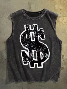 Urban Grit Denim-Style Sleeveless Tank Top for Men | Distressed Acid-Wash End with Bold Dollar Sign Graphic - Edgy Streetwear Fashion Piece Perfect for Casual Outings or Layering -, Easter, Music Festival, Mother's Day Gifts