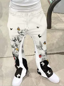 Men's High Street Vintage Flare Pants, Classic Light Asian Culture Sweet Cool Style, Floral Geometric Print, Casual Trendy Fit