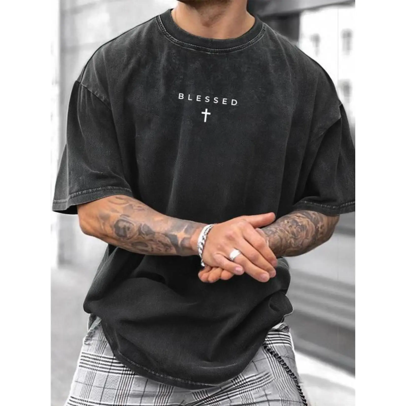 Blessed Cross Oversized T-Shirt | Vintage Washed Christian Graphic Tee | Minimalist Faith Shirt | Religious Gift Idea | Streetwear | TikTok Christian Pick