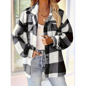 Women's Plush Fleece Winter Jacket - Yellow & White Checkered Elasticity Coat, Machine Washable Middle Eastern-Inspired Elegance Collection Fall & Winter