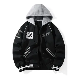 Men's New Hooded Baseball Jacket Embroidered Knit Fall Winter Sports Outdoor Men's Coat, Casual Fashion Outerwear for Daily Wear