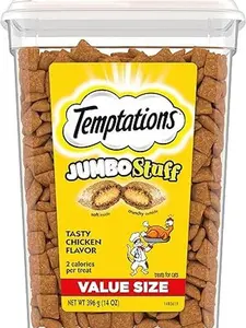 TEMPTATIONS Jumbo Stuff Crunchy and Soft Cat Treats, Tasty Chicken Flavor, 14 oz. Tub, (Pack of 1)