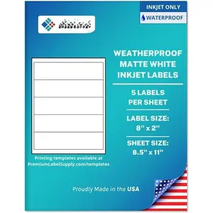 Matte White Water Bottle s - 8" x 2" - Inkjet Printers Only - (5 per Sheet), 10 Sheets - 50 Total Adhesive s