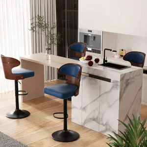 Bar Stools Set Of 4 Seat Adjustable Height 24.5-33.5IN - Bentwood Swivel Barstools With Back & Footrest - PU Leather Upholstered Bar Chair For Bar, Kitchen,