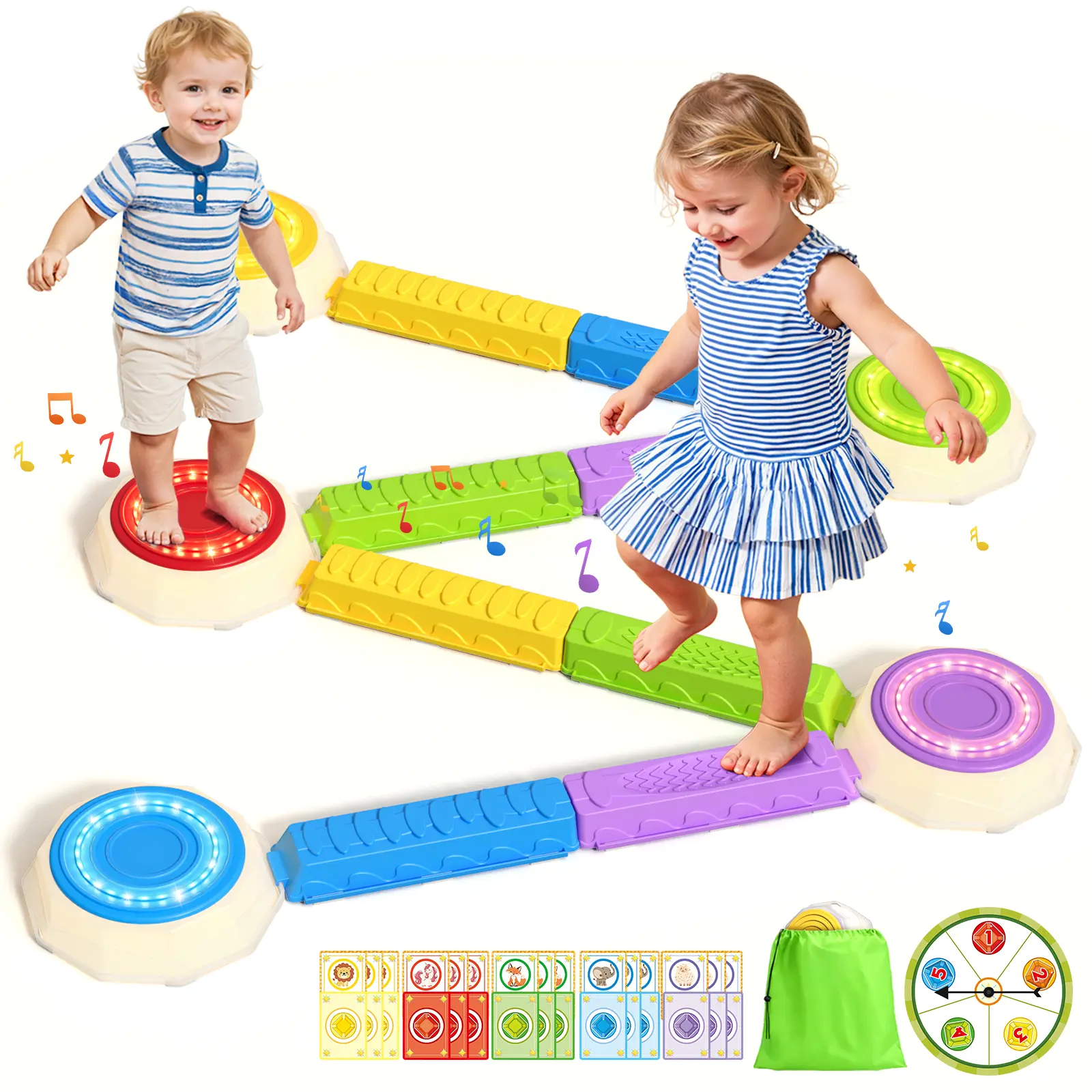 Light Up Stepping Stones & Balance Beam for Kids, Step Stones with Piano Music, Game Spinner & 30 Cards, Non-Slip Sensory Obstacle Course Toys, Indoor Outdoor Gifts for Toddlers 3-5