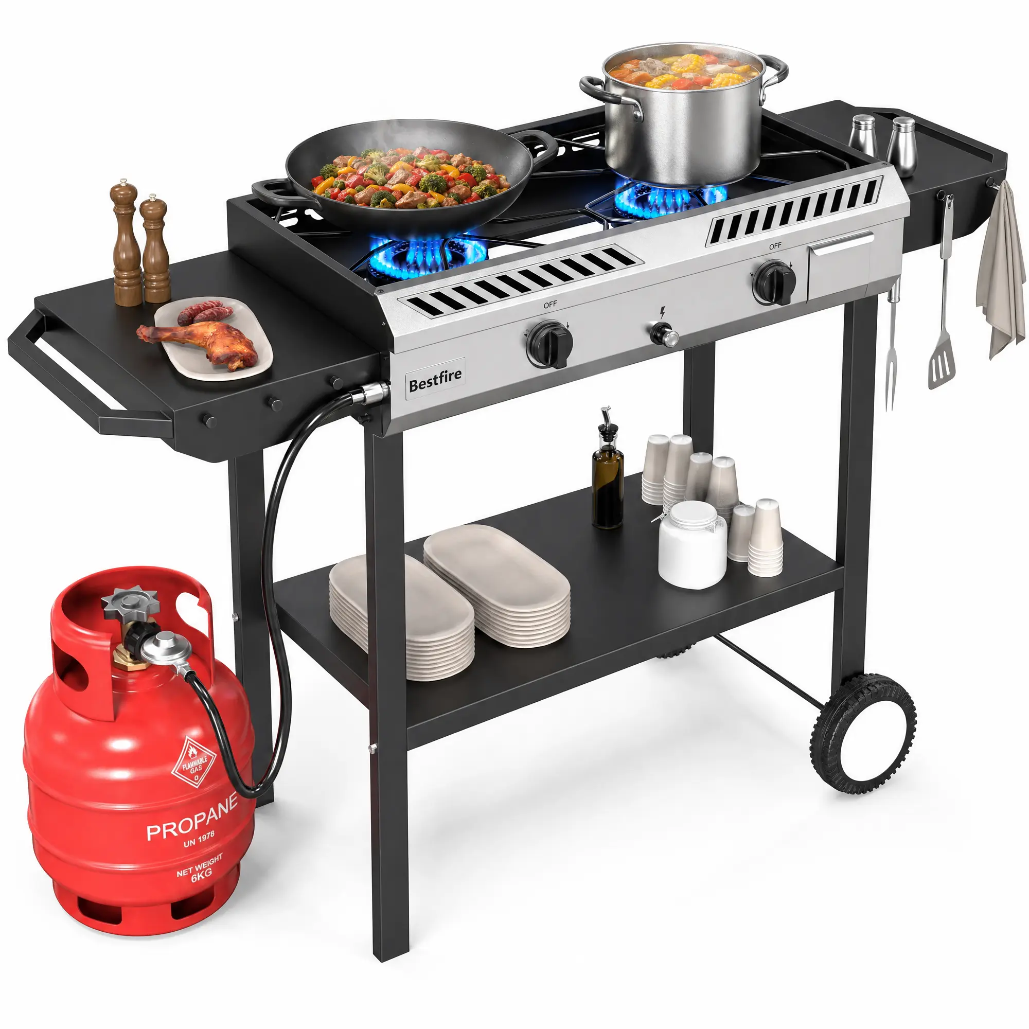 BESTFIRE 150K BTU 2-Burner Propane Gas Stove – Auto-Ignition, Wind Panel & Side Shelves, Heavy Duty Portable Camping Cooker for Outdoor Cooking, Backyard BBQ, Tailgating & Family Camping turkey frying barbecue picnic patio boil seafood