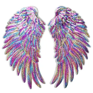 1 Pair Rainbow Feather Wings Sequin Dreamy Sew Iron On Patches Black Mesh Embroidered Badges For Clothes DIY Appliques Craft Decoration