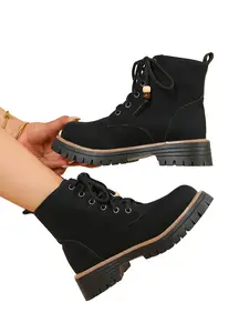 Women's Thick Sole Boots, Lace-Up Beaded Decor Short Boots, Anti-Slip Durable Outdoor Work Boots, All-Season Casual Heeled Boots