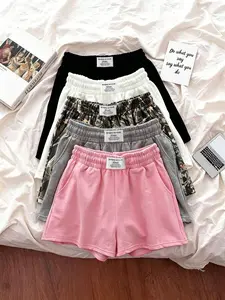 5 pieces, women's retro tree pattern camouflage print and solid color basic casual loose Bottom shorts, with letter waist logo and slanted pockets, breathable sports shorts for summer leisure and comfort, women's daily wear shorts