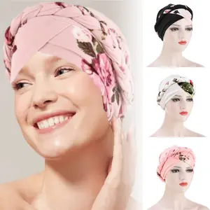 Women's 3pcs Stylish Floral Print Twisted Braid Turban Hats - Stretch, Lightweight, Soft, Breathable Adult Church Chemo Hats for Cancer Patients, Easy to Put On Sports & Outdoor Headwear, Mother's Day Gifts
