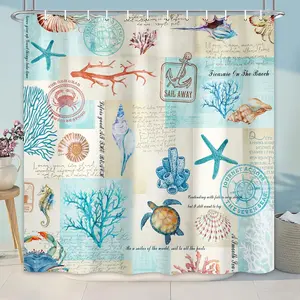 Nautical Coastal-Style Shower Curtain — Beach-Themed Bathroom Set — Vintage Seashell & Conch Pattern — Includes Hooks — 70.866 x 70.866 Inches
