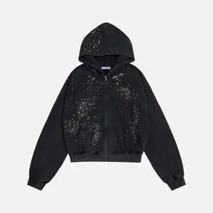 Aelfric Eden Hotfix Rhinestone Star Zip Up Hoodie Vintage Washed Hoodies Streetwear Hooded Sweatshirts Jackets Unisex zip up hoodie