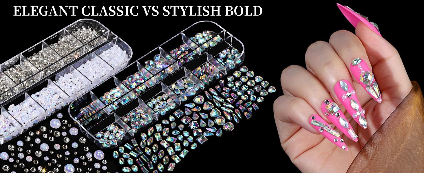Nail Charms, Nail Rhinestones Kit with 8 Boxes of Nail Gems, 3D Charms for Nails, Colorful Clear Flatback Rhinestones, Charms Y2K for Nails, Multi Shape Pearls Jewels for Crafts