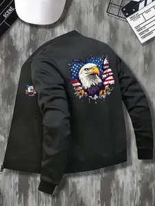 Men's Casual Jacket, American Flag Eagle Print, Pilot Jacket, Sporty Stand Collar Lightweight Coat, Ribbed Cuffs, Fall Winter Top
