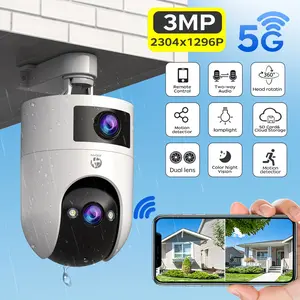 【JOOAN 5G/2.4G WiFi Dual-lens Security Camera】360° PTZ Rotation, 2K High Resolution + Two-way Audio, Smart Mobile Tracking, IP66 Waterproof, Mobile APP Control, Audio/motion Alarm, 24/7 recording, Wall-mounted Surveillance Camera