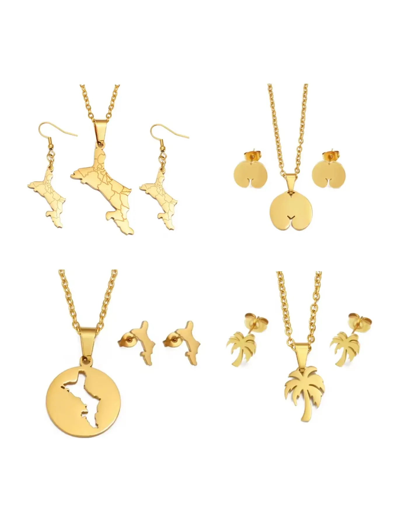 1 set Seychelles Mahe Map and Coconut Tree Coco De Mer Pendant Neckalces Earrings Jewelry Sets For Woman