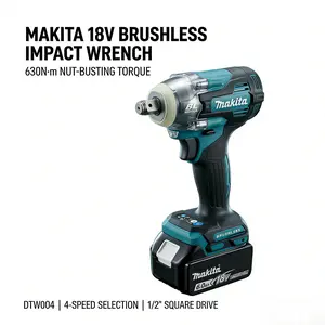 Makita DTW004 1/2 Inch Impact Wrench 18V Lithium Battery Powered Brushless Motor with 4000IPM Impact Rate and 4-Speed Power Selection for M10-M16 High Tensile Bolts for Construction Sites and Metalworking Projects