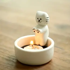 Ceramic Cat Candle Holder - Cute White Cat Design with Expressive Eyes, Heat-Resistant Tabletop Decor for Home, Office, or Gift - Easter, Christmas, Valentine'S Day
