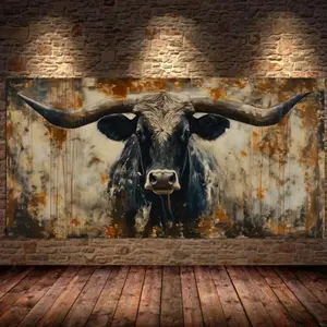 1 piece of rural longhorned cow canvas art print - modern farmhouse wall decoration for living room, bedroom, and office - frameless animal enthusiast gift, abstract texture and brush design, interior home decoration