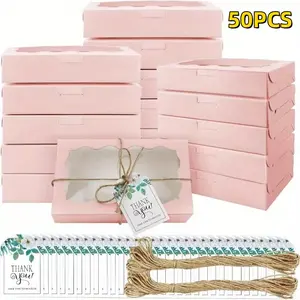 Cookie Boxes with Clear Window 50pcs, 7x 4 3/8x 1 Inch Small Pink Kraft Candy Boxes Premium Pastry Boxes with Tags Ropes for Cookie Packaging, Dessert, Donuts, Pie, Cupcakes, Parties