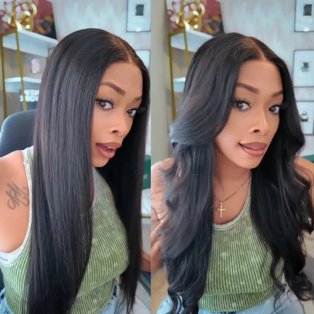 KLAIYI Women's 100% Human Hair Lace Closure Wig - 7x5 Yaki Straight Wear and Go Hairpiece, Pre-Bleached Invisible Knots, Deep Part Lace Glueless Wig, Hair Glueless Wig