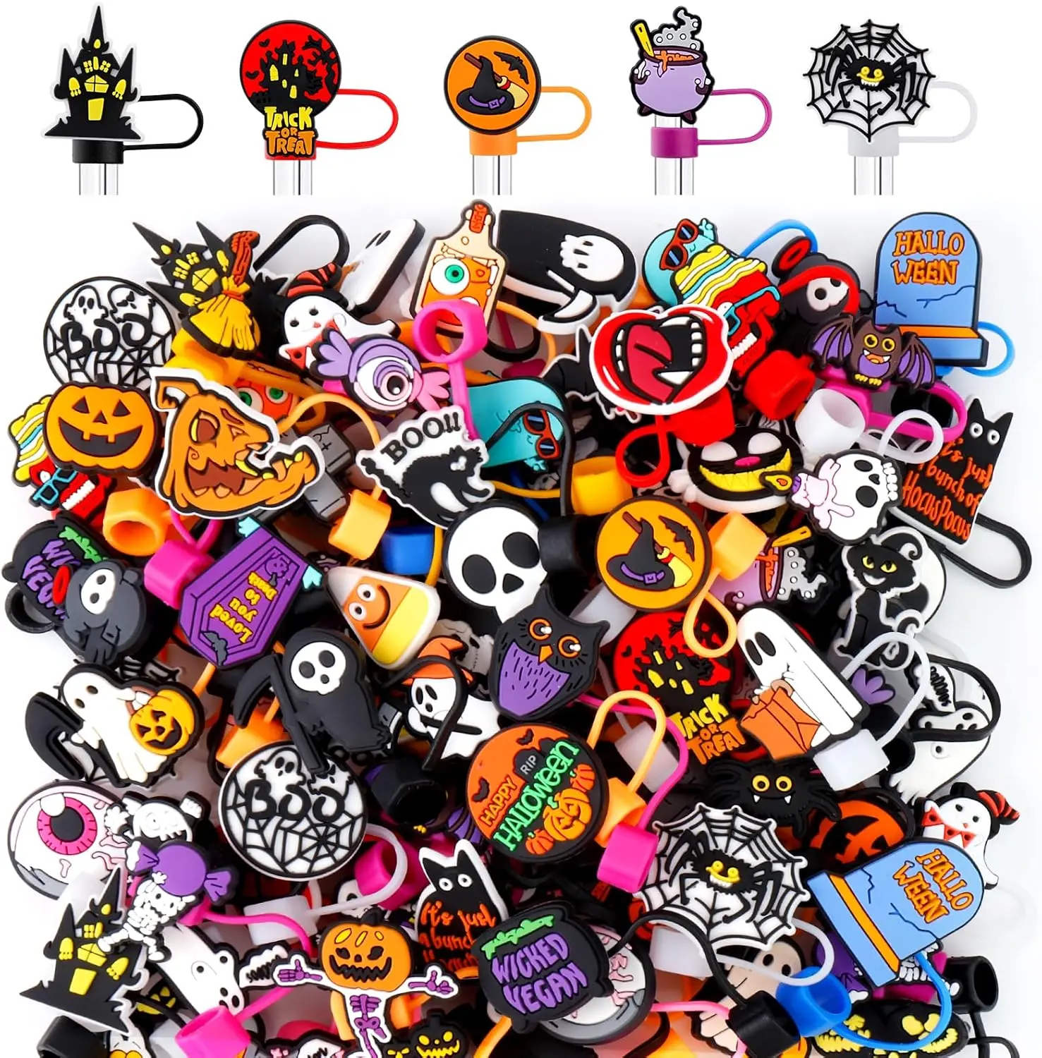 50 count Different Straw Cover Caps for Tumblers, Cute PVC 10mm Dringking Straw Toppers Protector Dust-Proof  Bulk for Party Gifts(Halloween)