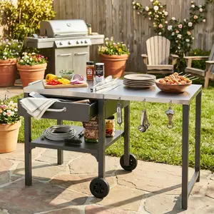 54.7*23.3*30.7 Inch Outdoor Folding Grill Cart, Iron Frame with 304 Stainless Steel Foldable Tabletop, Rolling Patio Prep Table with Drawer & Lower Shelf, Multi Weight Capacity Gray Mobile Serving Station