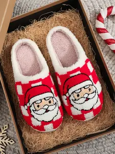 Soft Plush Christmas Slippers, Plaid Santa Embroidery, Unisex Indoor Outdoor Warm Non-Slip Shoes, Fall Winter Holiday Gift, House Slippers