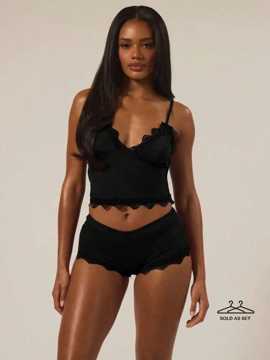 Triangle Bust Lace Trim Strap Cami Top And Fitted Boxer Boyshorts Multipack Set Autumn Winter Fall Underwear Everyday Cosy Lounge