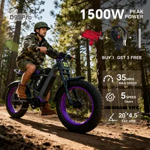 New electric bicycle for spring 2026 adopts a high carbon steel frame, hydraulic shock absorption, full suspension system, maximum speed of 35 MPH, 48 volt 1500W motor, riding assistance range of 40-70 miles, 20 * 4.5-inch all terrain tires, snow tires