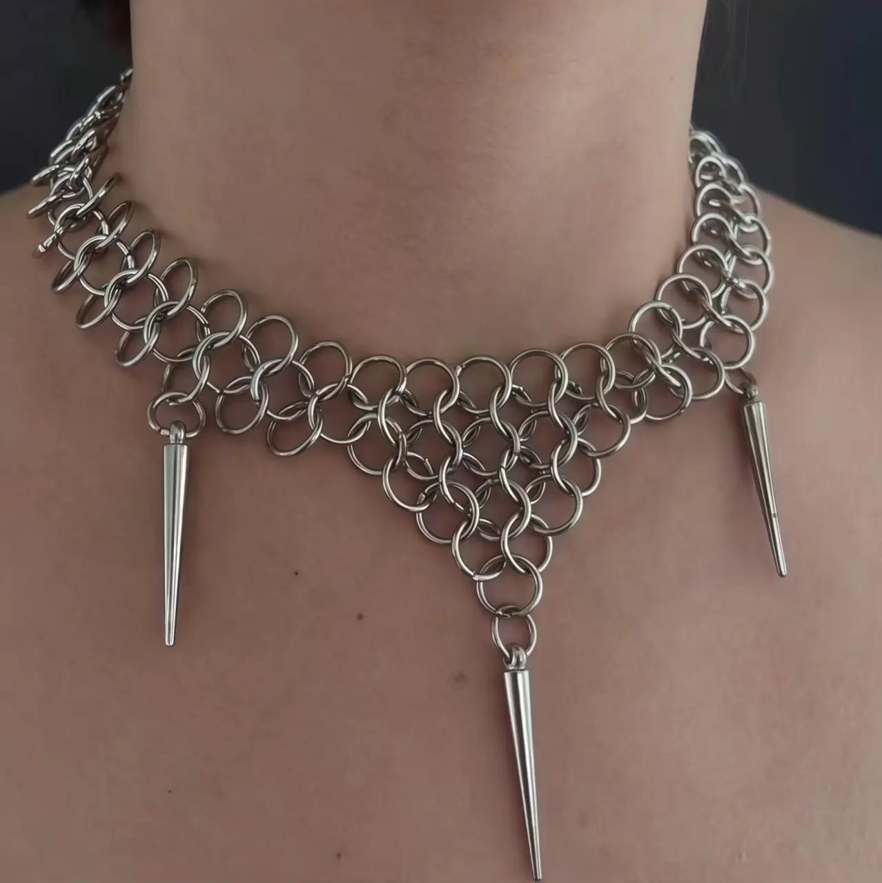 Mesh Chainmail Spike Choker Necklace, Gothic Punk Silver Chainmail Three Spikes Statement Collar