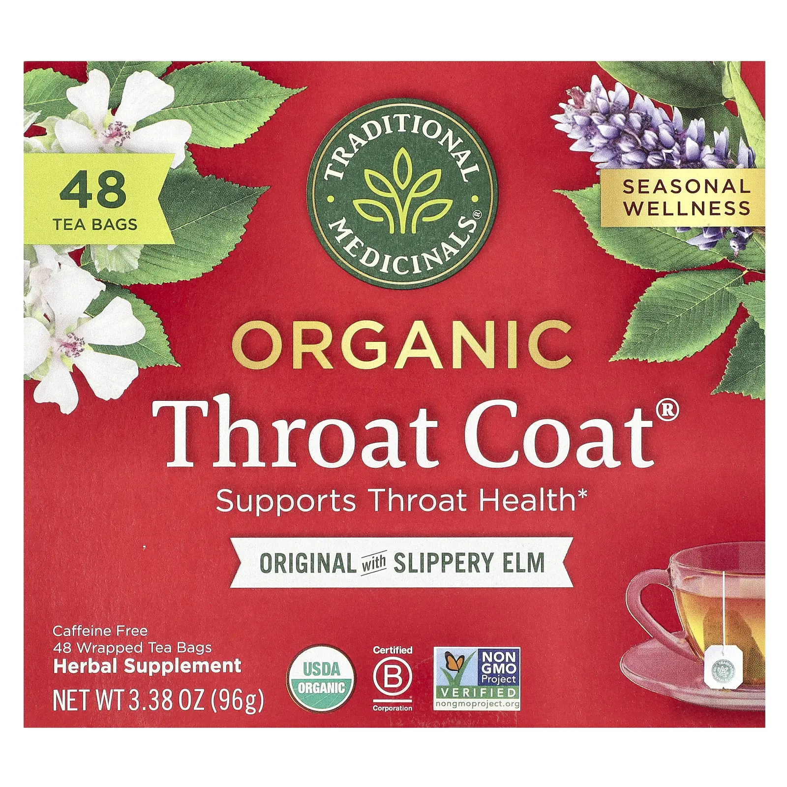 Traditional Medicinals Organic Throat Coat®, Original with Slippery Elm, Caffeine Free, 48 Wrapped Tea Bags, 3.38 oz (96 g)