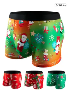 Men's Christmas Print Boxer Shorts, Breathable Elastic Long Briefs, Sporty Casual Daily Wear, Pack of 4, Comfortable Holiday Underwear