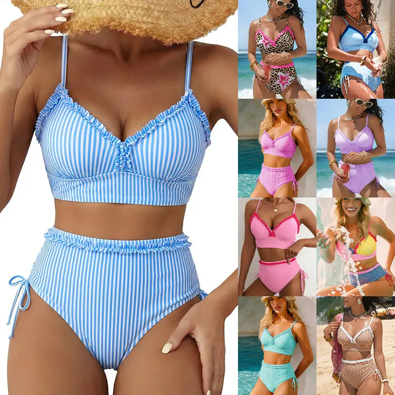 2026 new women's splicing pleated decorative bikini set side strap-up swimsuit high waist # athletic bathing suit tankini skirt style short boxer bottom Halter Ruched Tummy Control high-waisted floral print swimdress Ruffled with top stretchy Plus mesh