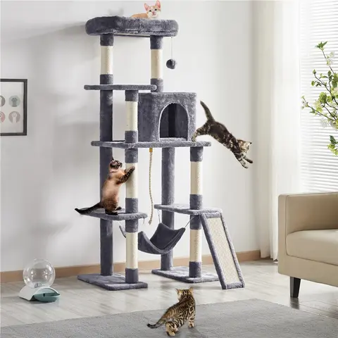 【On Sale】 Yaheetech 63-Inch Modern Multi-Level Cat Tree, Natural Sisal Scratcher, Kitten Condo, Hammock, Extended Platform, Dangling Ball & Rope, 30.5″ L × 19″ W × 63″ H, Pet Furniture for Play, Rest & Exercise