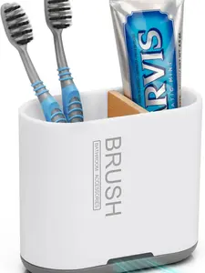 Toothbrush and Toothpaste Holder with Bamboo Divider for Bathroom Countertop Organizer, Detachable for Easy Clean, 2 Slots Electric Toothbrush Holders Storage Caddy Drainage for Family-White