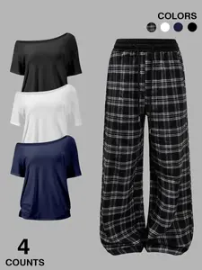 Women's 4-Piece Pajama Set, Off-Shoulder Short Sleeve Top with Plaid Pants, Casual Fitted Organic Textile, Comfortable Daily Wear